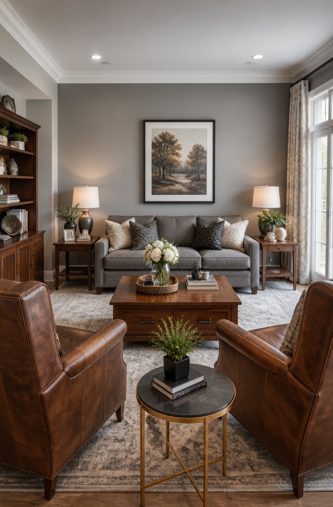Transitional Grey and Brown Living Room