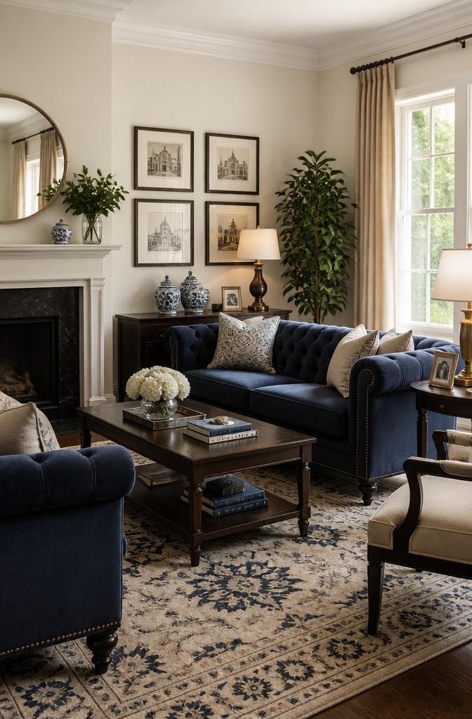 Transitional Navy and Neutral Living Room