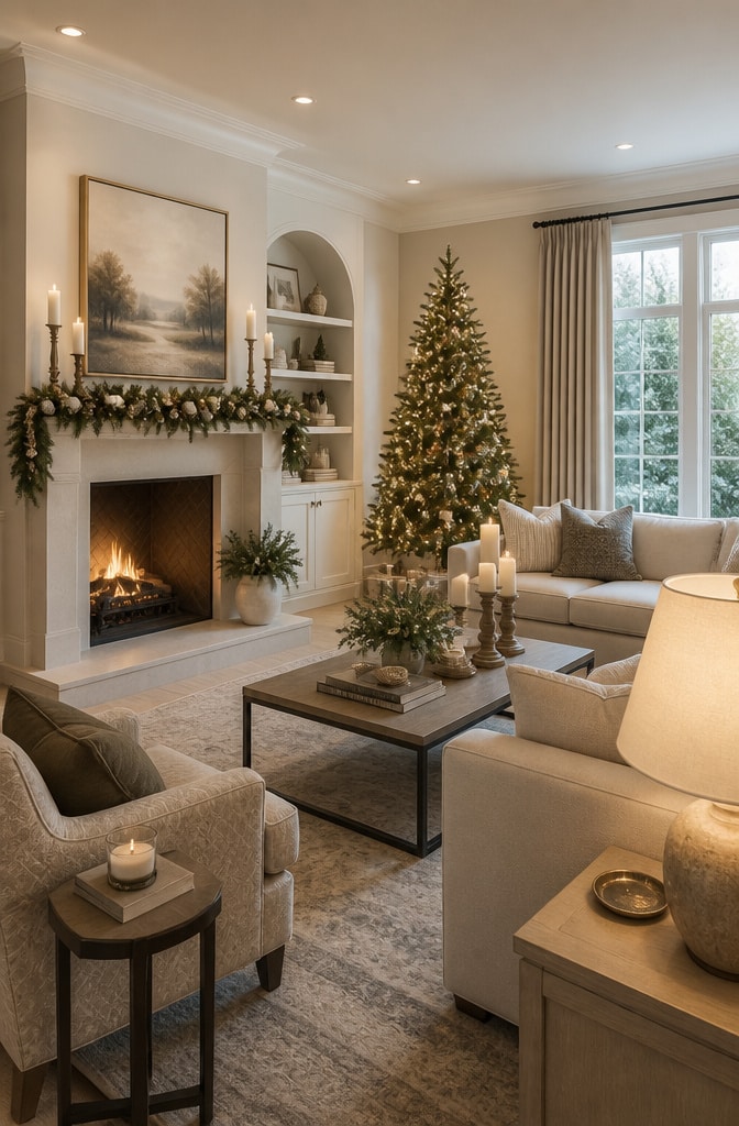Transitional Neutral Christmas Living Room