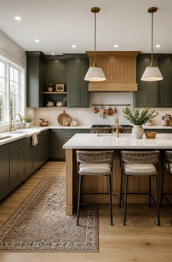 Transitional Pewter Green Cabinets with Warm Wood