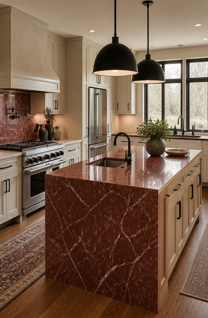 Transitional Red Marble Kitchen with Neutral Palette