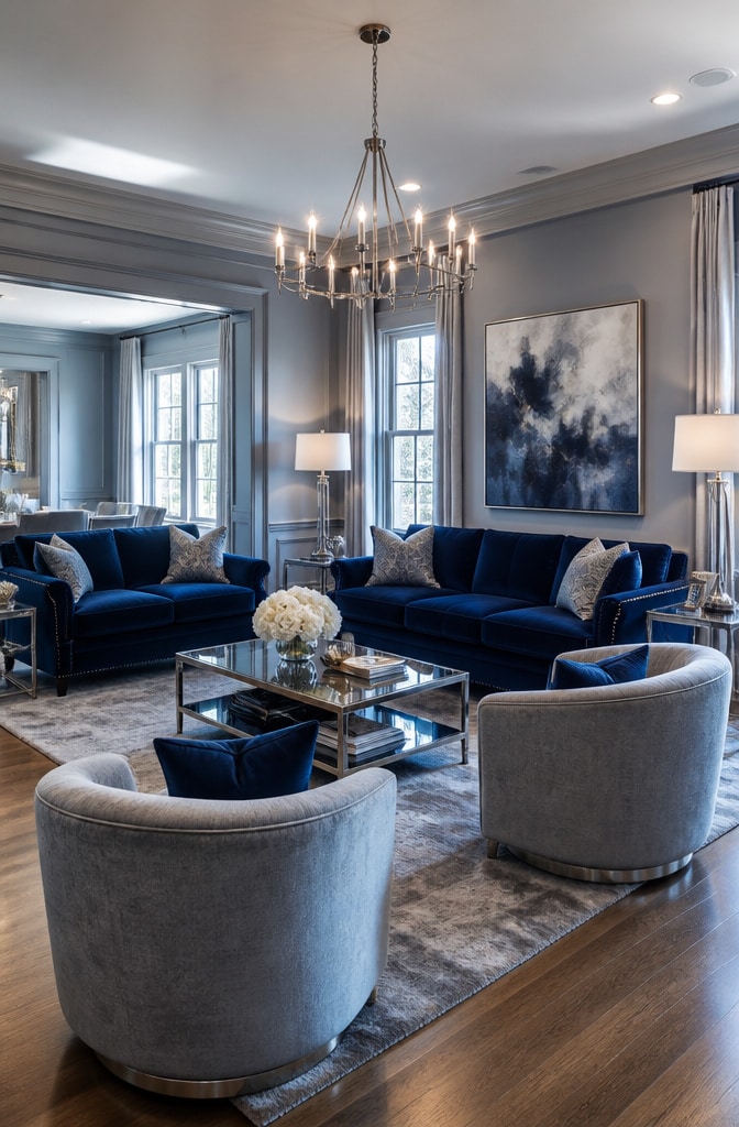Transitional Royal Blue and Grey Sophisticated Living Room
