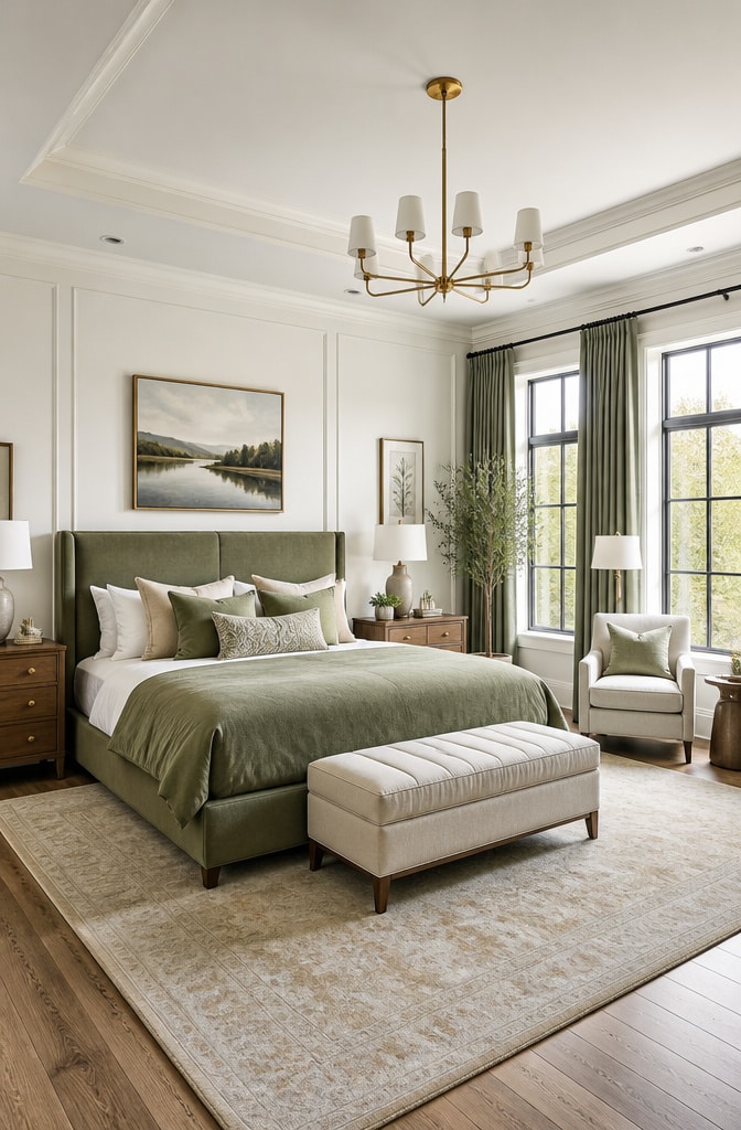 Transitional White and Sage Green Bedroom