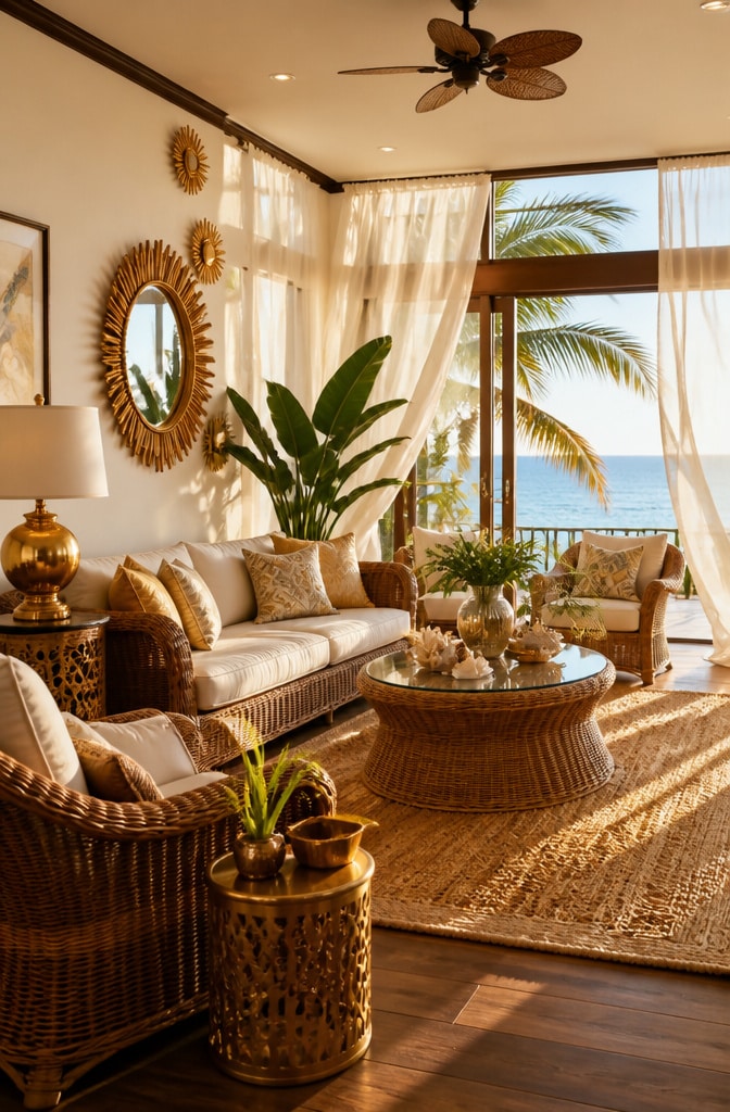 Tropical Brown and Gold Coastal Living Room