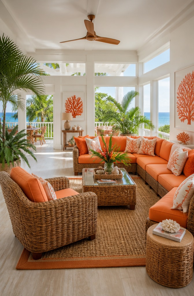 Tropical Brown and Orange Coastal Living Room