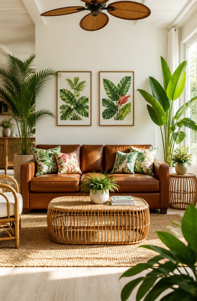 Tropical Brown Leather Couch Living Room