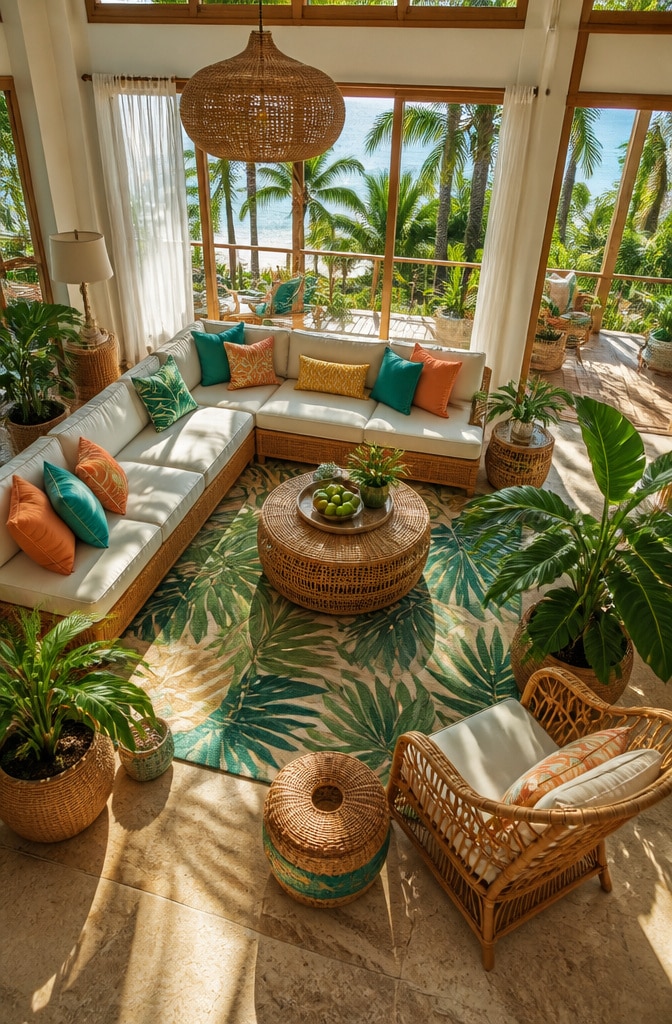 Tropical Coastal Living Room with Vibrant Accents