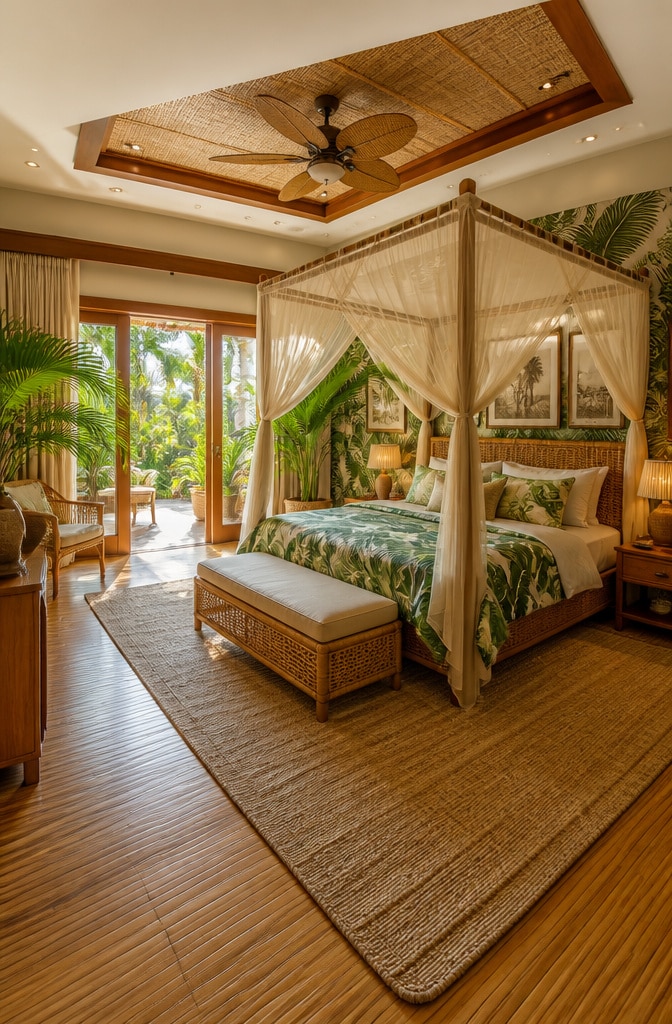 Tropical Green and Beige Bedroom