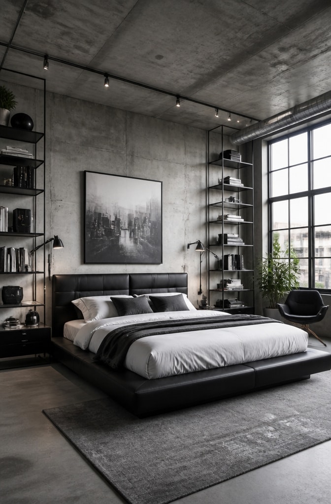 Urban Chic Black, White, and Concrete Bedroom