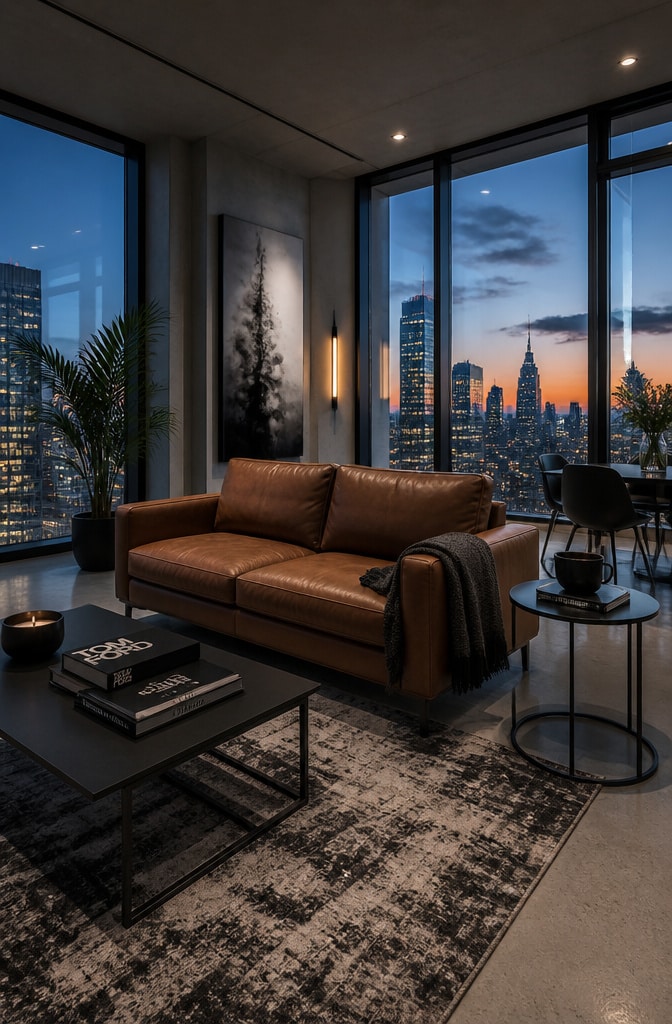 Urban Chic Brown Leather Sofa Living Room