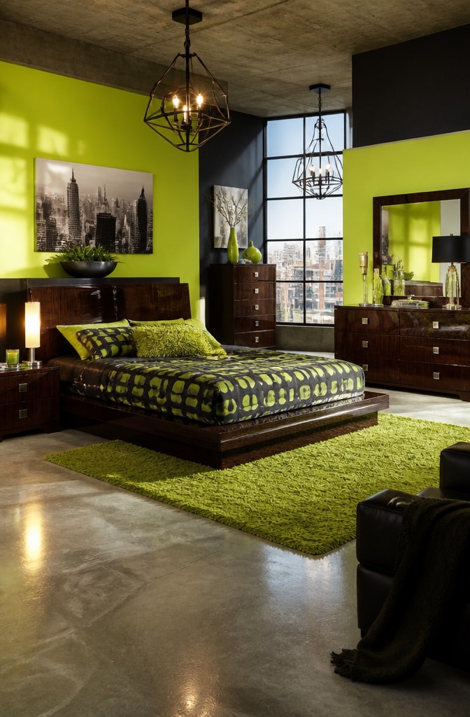 Urban Chic Brown Walnut and Lime Green Bedroom
