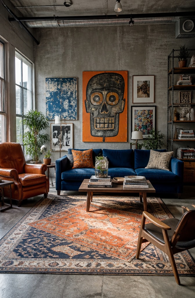 Urban Eclectic Blue and Orange Living Room