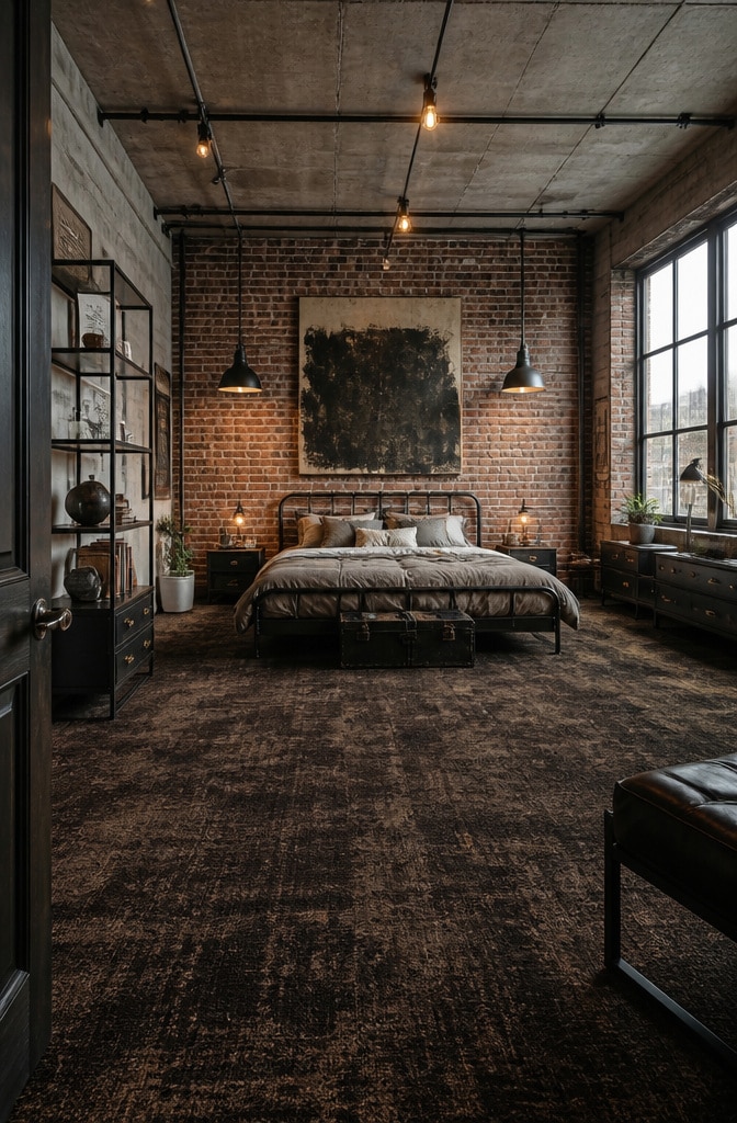 Urban Industrial Brown Carpet Bedroom