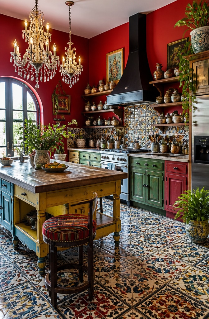 Vibrant Crimson Eclectic Kitchen