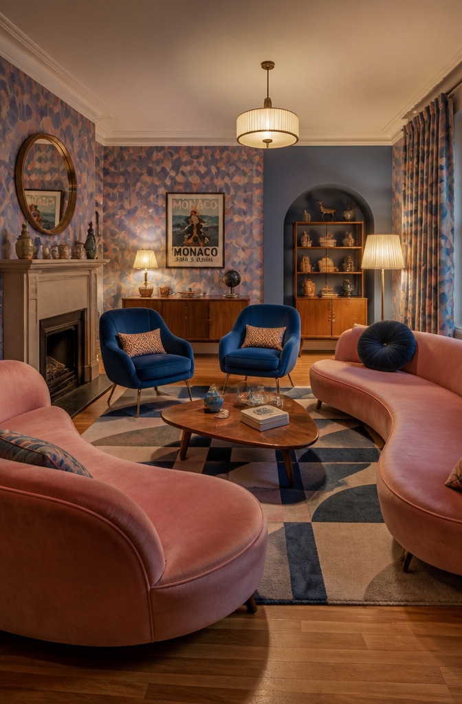 Vintage Blue and Pink Retro Living Room