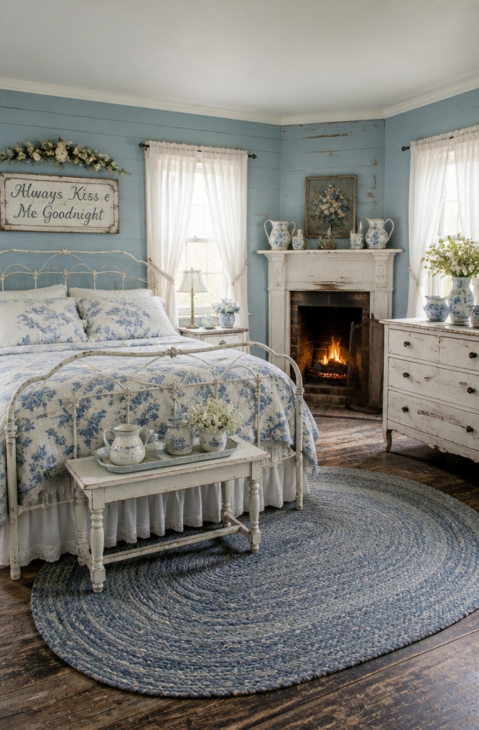 Vintage Blue Shabby Chic Farmhouse Bedroom