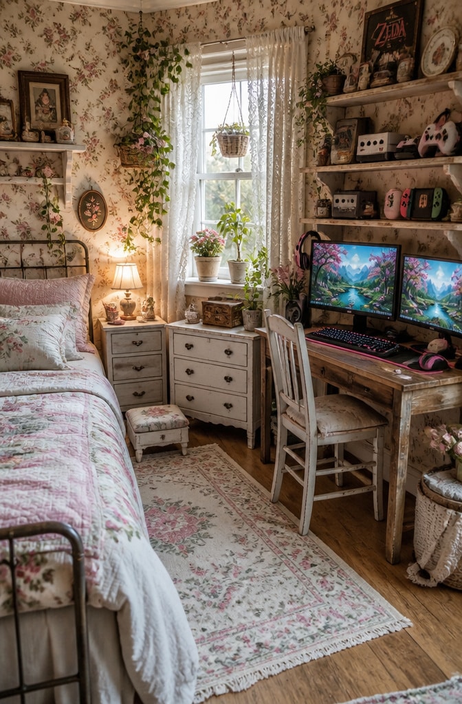 Vintage Cottage Gamer Girl Bedroom