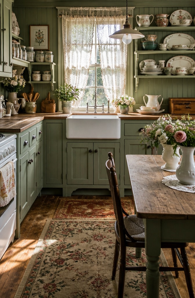 Vintage Cottage Pewter Green Cabinets