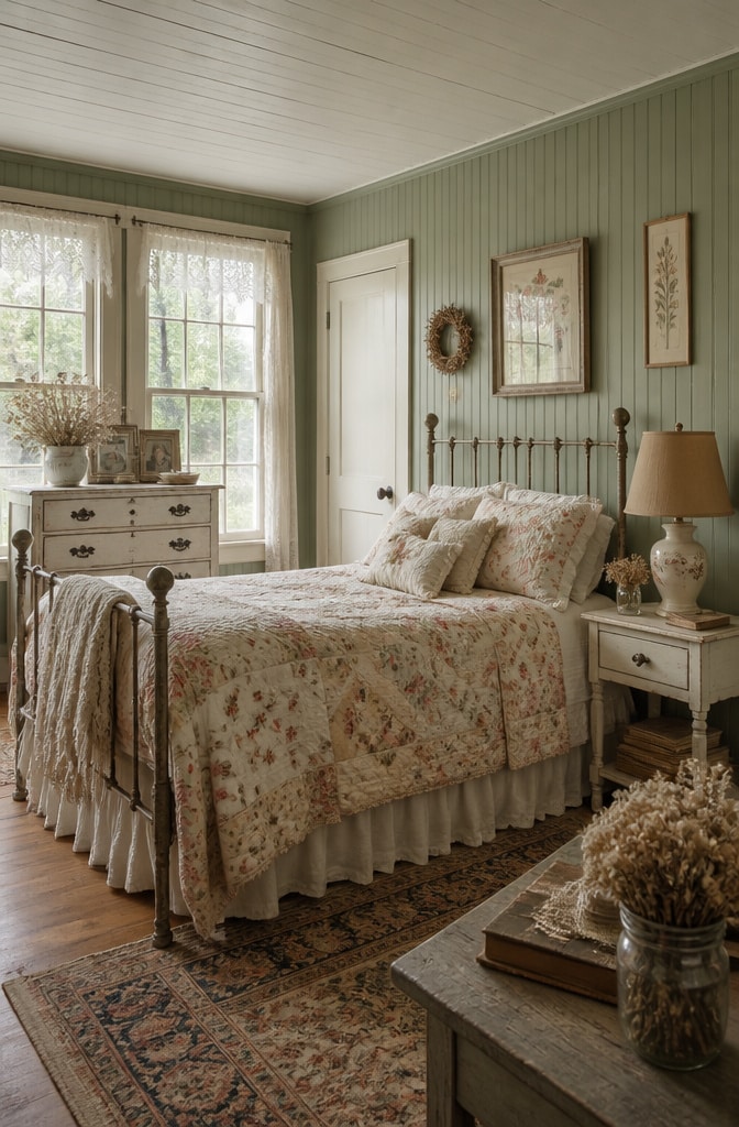 Vintage Cottage Sage Green Bedroom