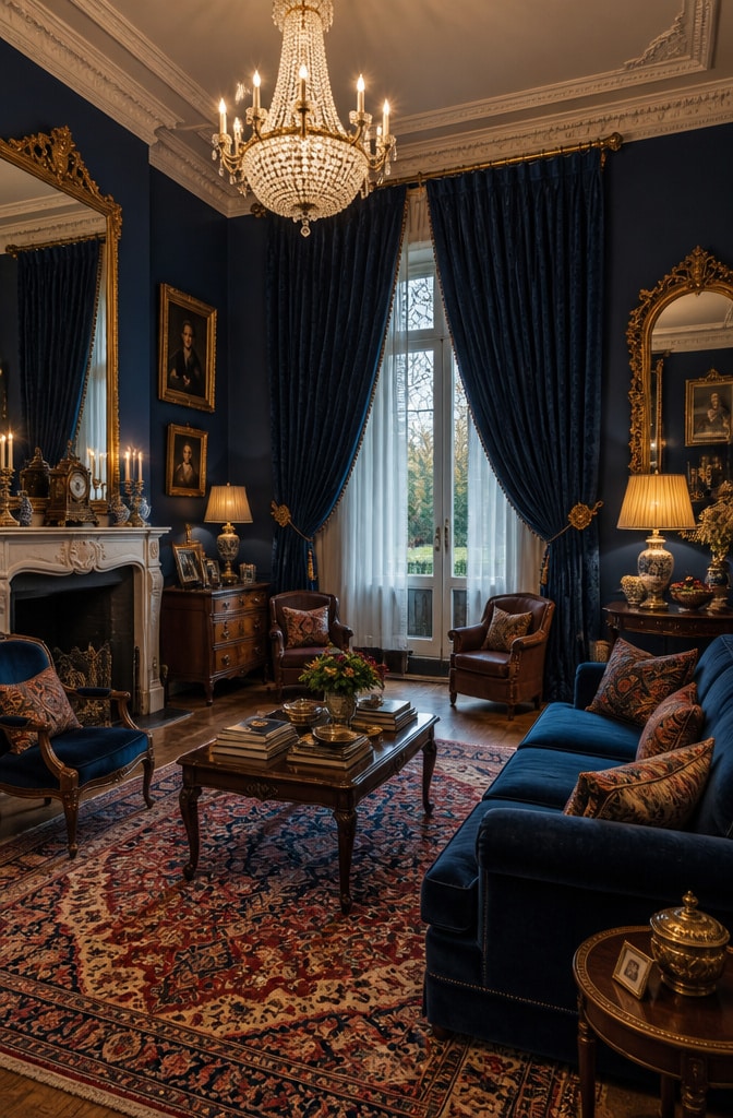 Vintage Elegance with Blue Velvet Curtains