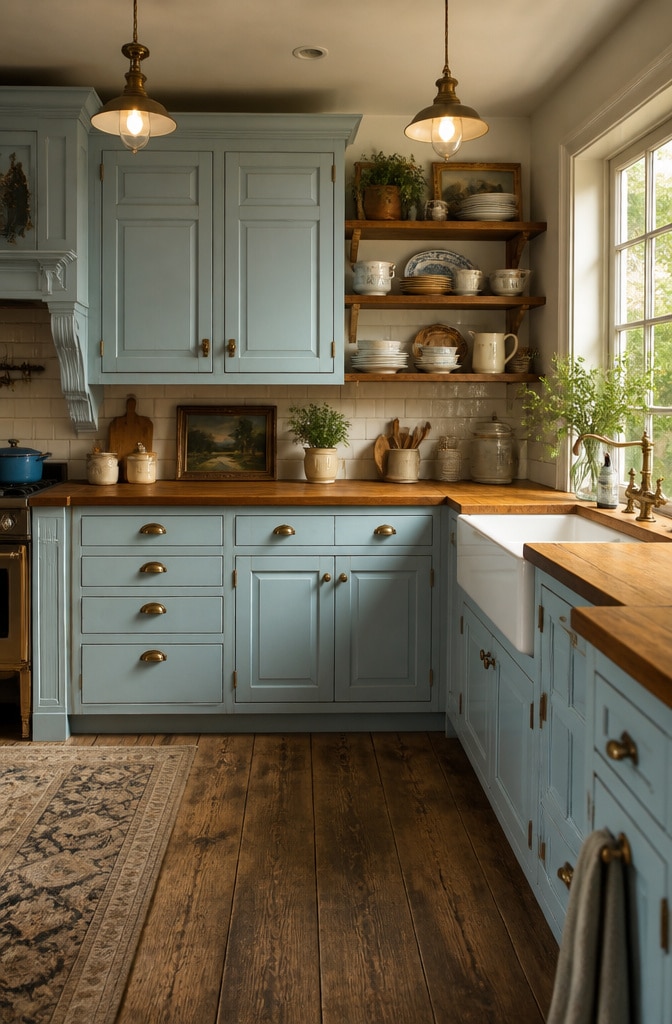 Vintage Farmhouse Blue Cabinets