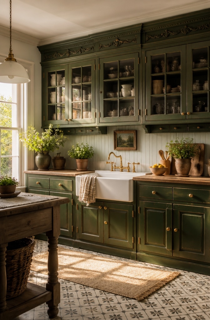 Vintage Forest Green Cabinets with Glass Doors