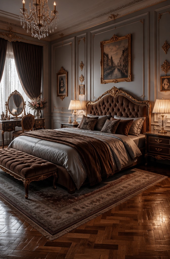 Vintage Glam Grey and Brown Bedroom