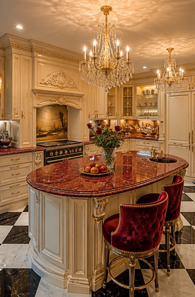Vintage Glam Red Granite Kitchen