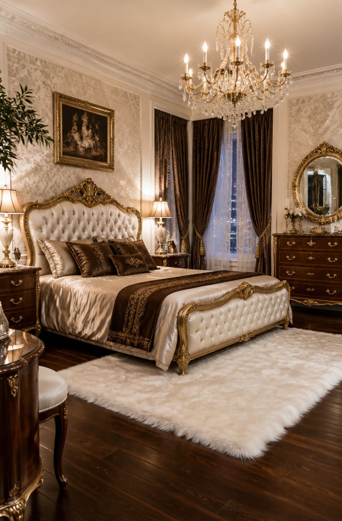 Vintage Glam White and Brown Bedroom