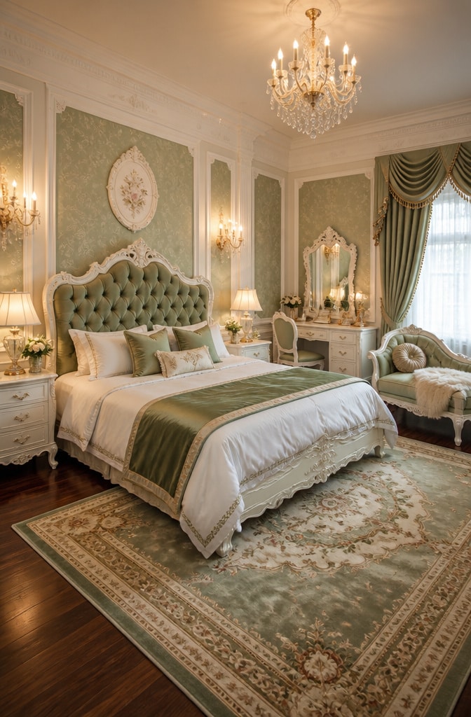 Vintage Glam White and Sage Bedroom