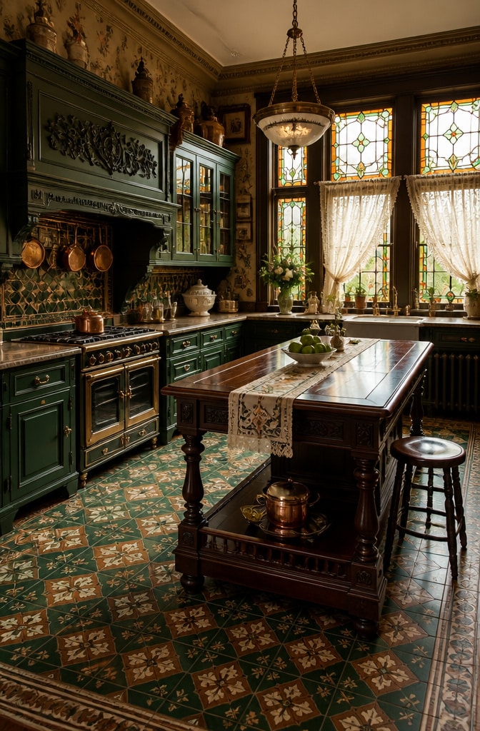 Vintage Green and Brown Victorian Kitchen