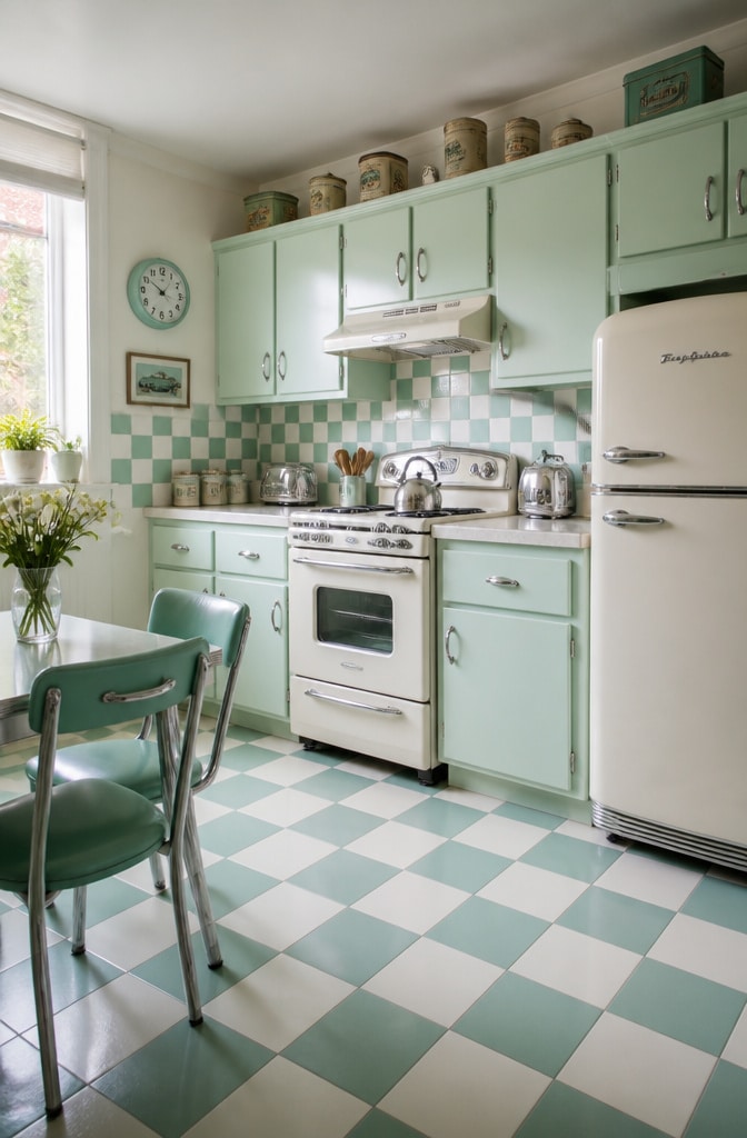 Vintage Mint Checkerboard Tile Kitchen