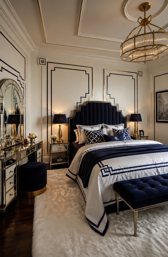 Vintage Navy and White Art Deco Bedroom