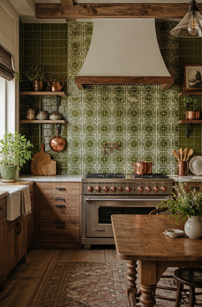 Vintage Olive Green Patterned Tile Backsplash