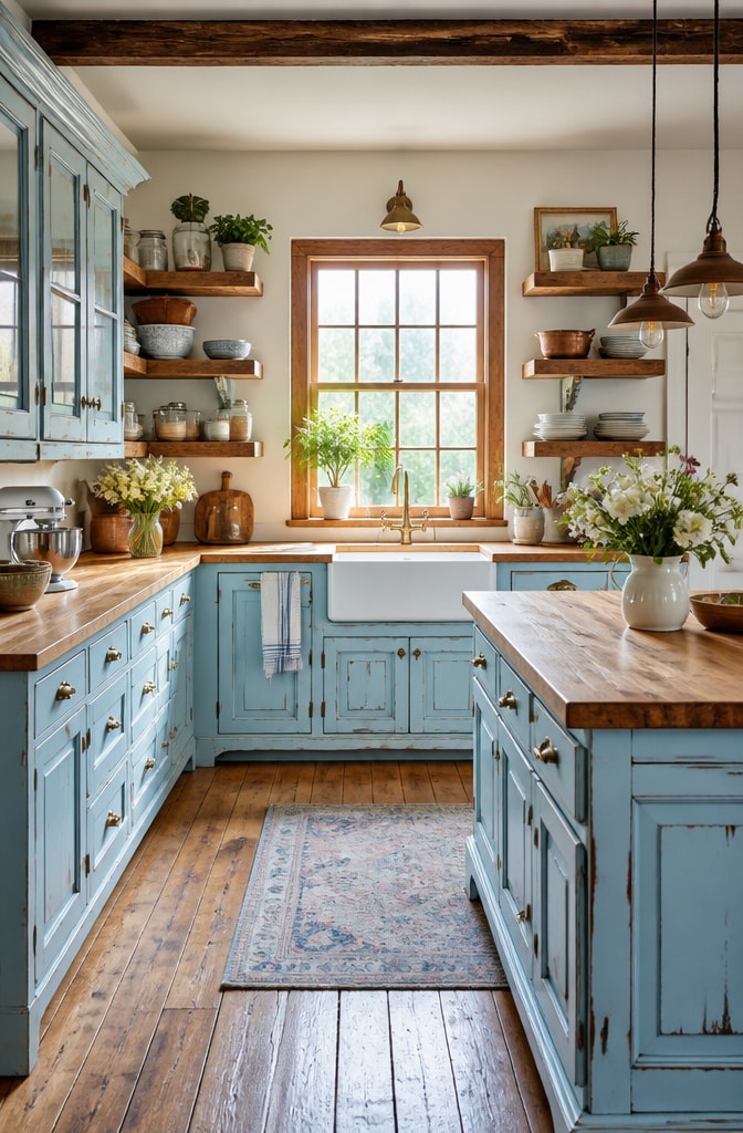 Vintage Pastel Blue Farmhouse Kitchen