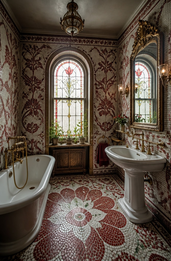 Vintage Red Mosaic Tile Bathroom