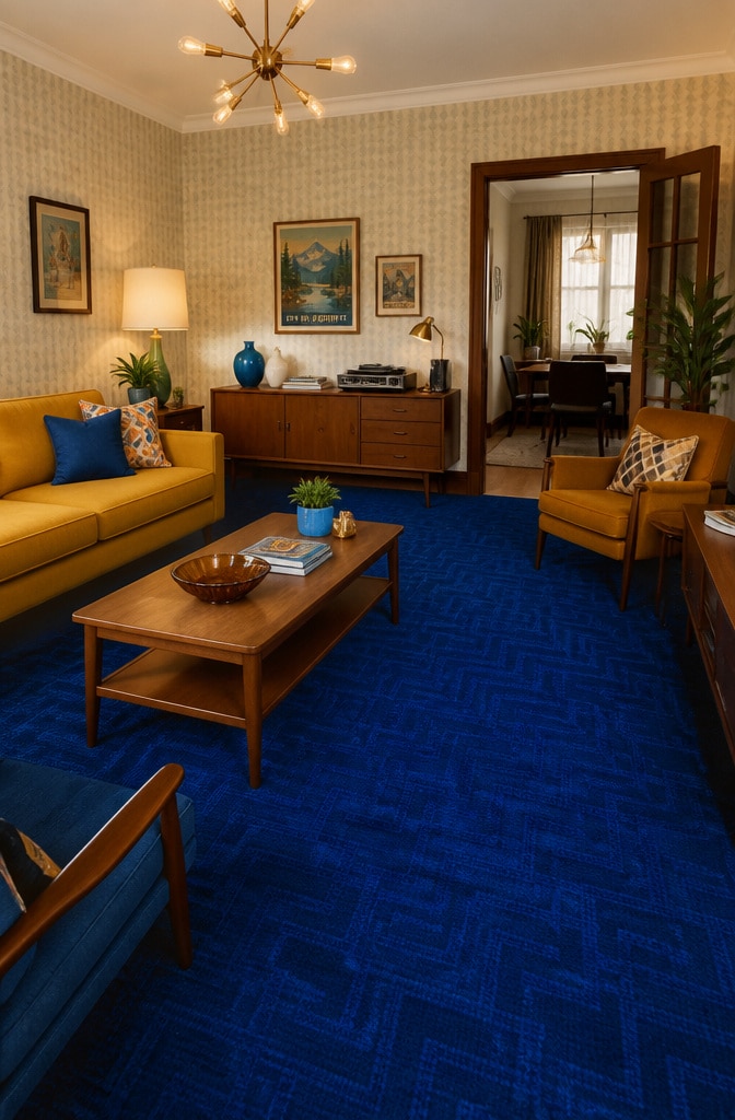 Vintage Retro Blue Carpet Living Room