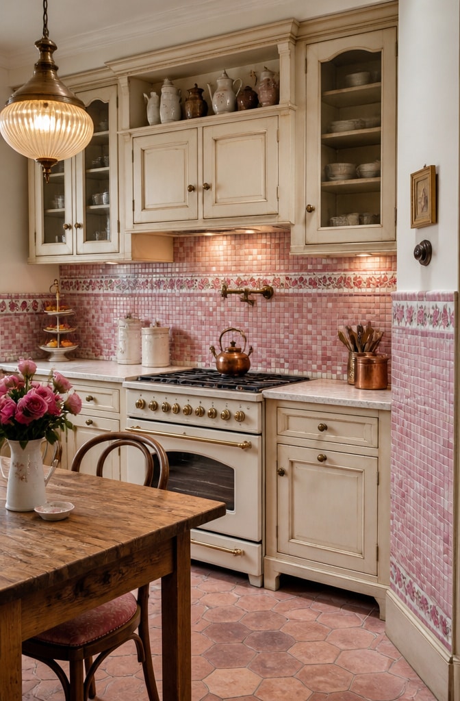 Vintage Rose Pink Mosaic Kitchen