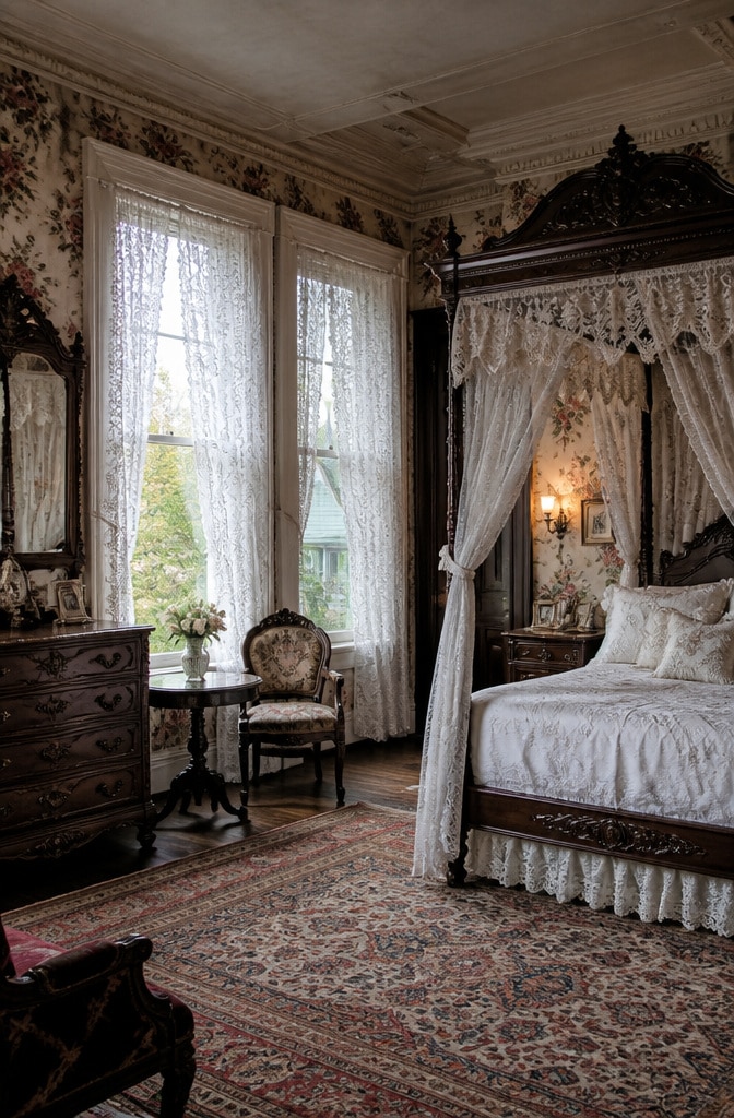 Vintage Victorian White Curtains Bedroom