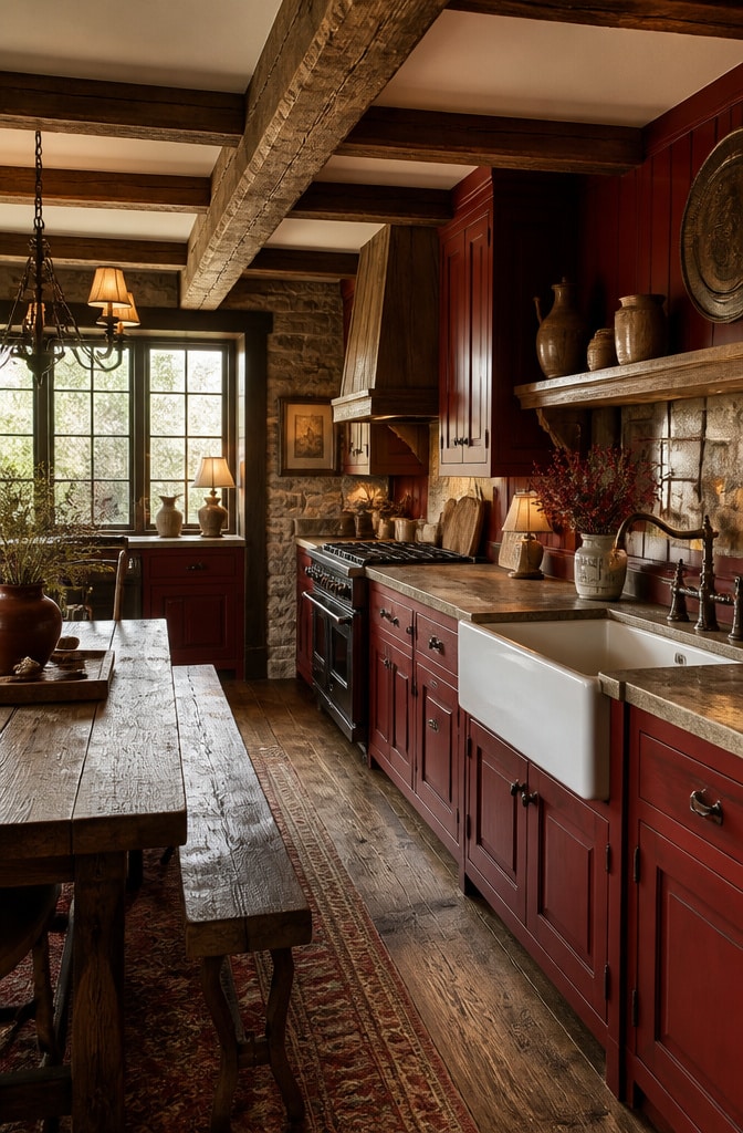 Warm Red Farmhouse Kitchen with Stone Accents
