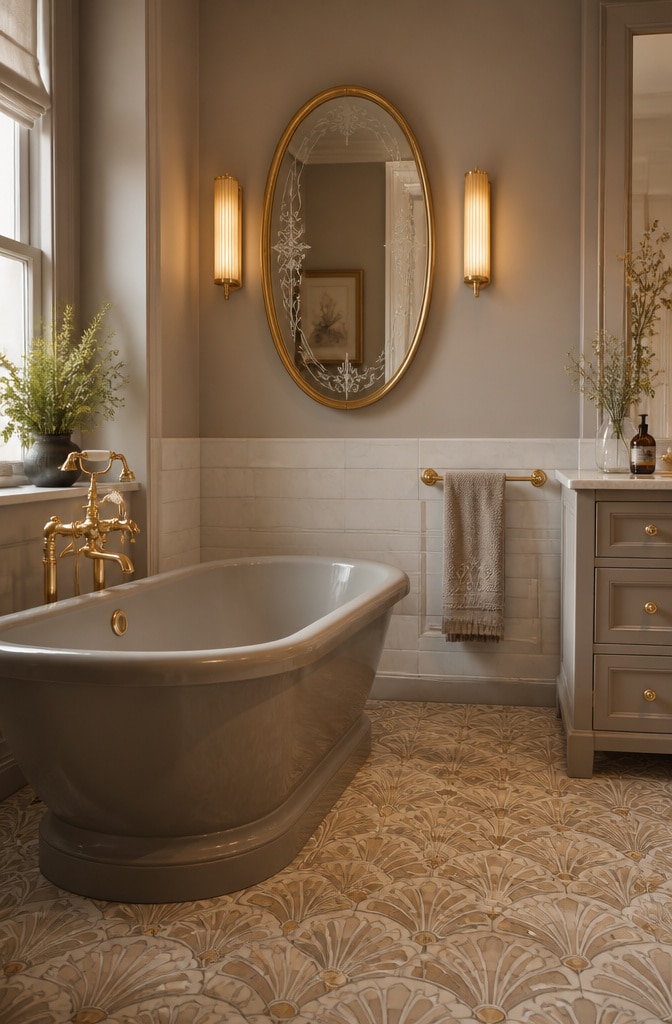 Warm Taupe and Gold Art Deco Bathroom