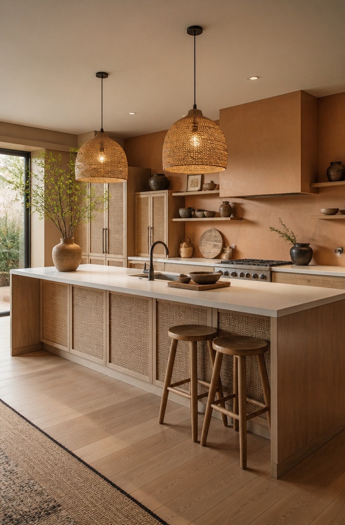 Warm Textured Japandi Kitchen with Woven Accents