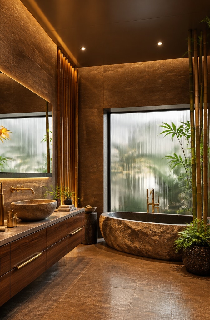 Zen-Inspired Brown and Gold Bathroom Sanctuary