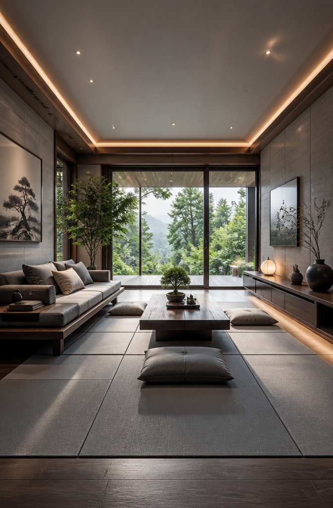 Zen-Inspired Dark Brown and Grey Living Room
