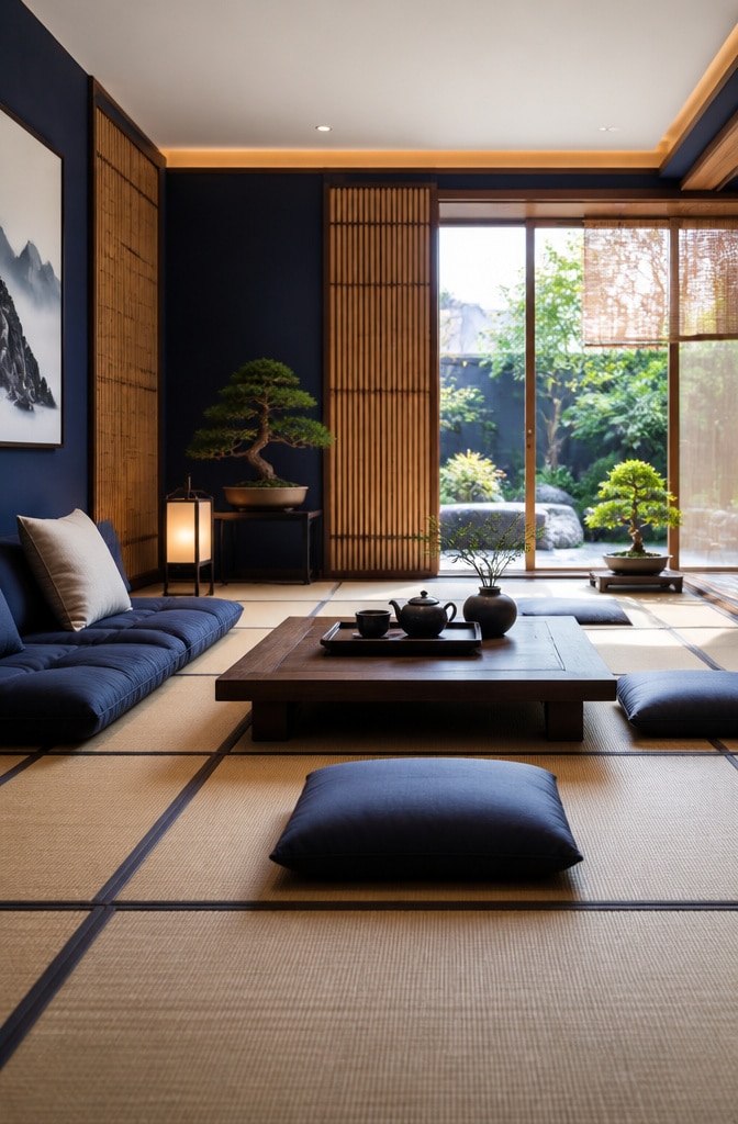 Zen-Inspired Midnight Blue Living Room