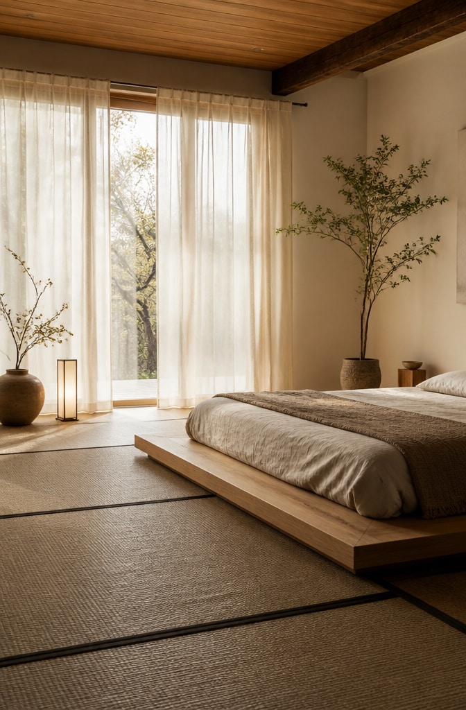Zen-Inspired White Curtains Bedroom