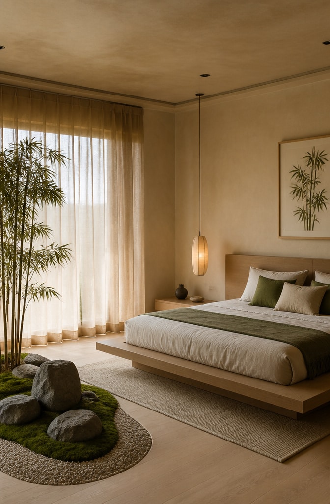 Zen Minimal Green and Beige Bedroom