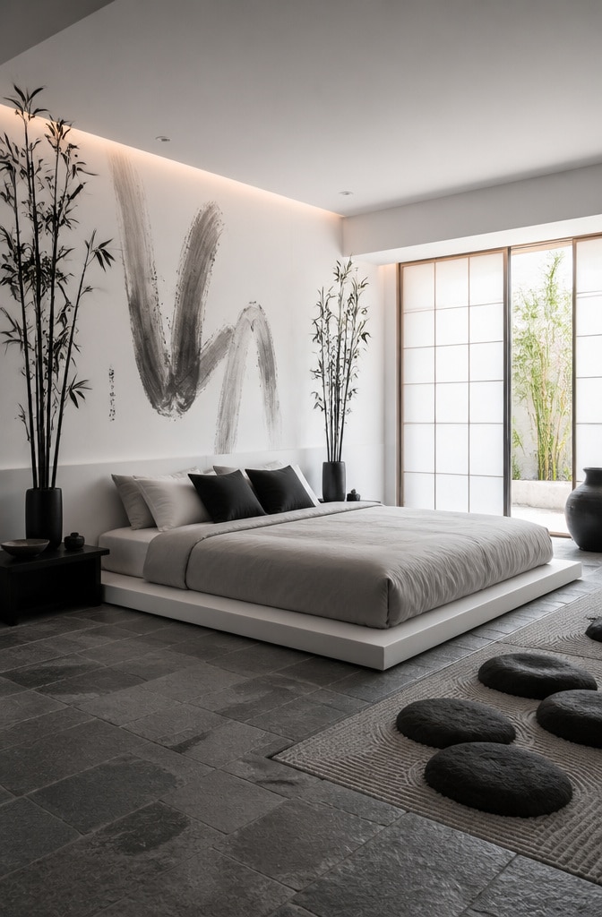 Zen Minimal Grey and White Bedroom Oasis