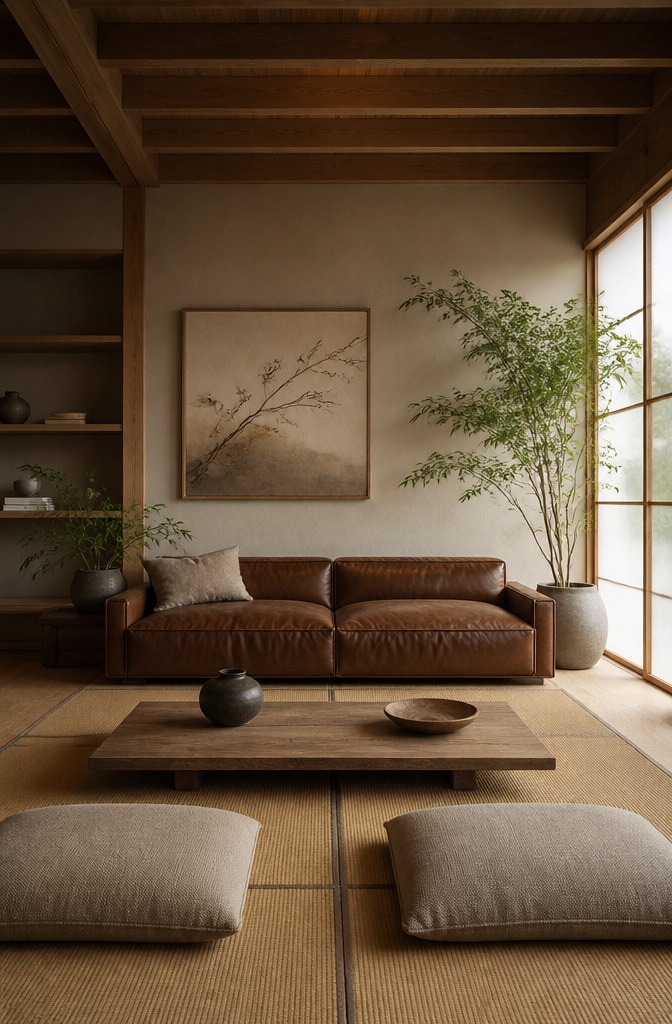 Zen Minimalist Brown Leather Sofa Living Room