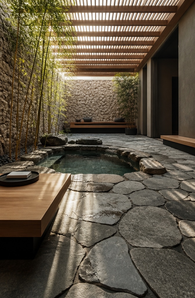 Zen Minimalist Courtyard with Natural Stone Plunge Pool